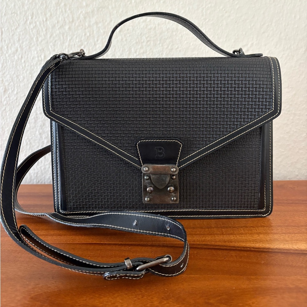 Vintage BALLY Italy Monogram B Leather Shoulder Crossbody Hand Bag Purse Black